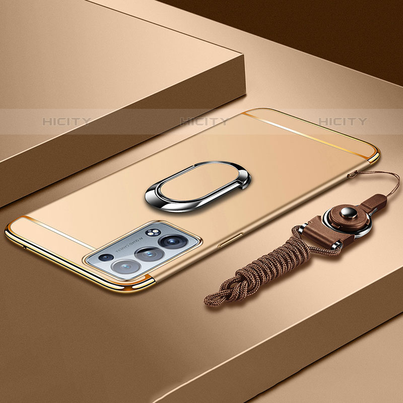 Funda Bumper Lujo Marco de Metal y Plastico Carcasa con Anillo de dedo Soporte para Oppo Reno6 Pro 5G Oro