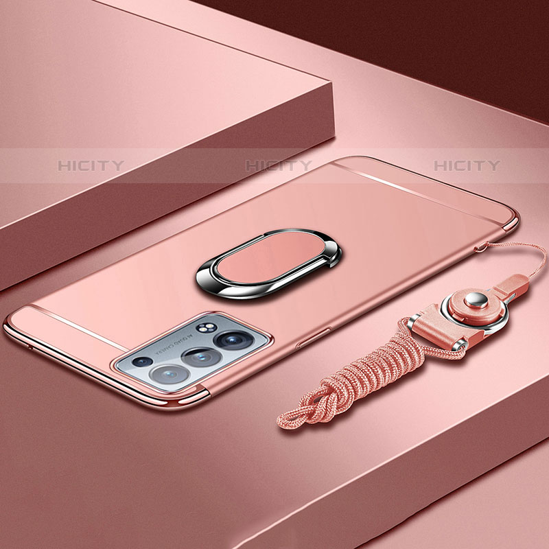 Funda Bumper Lujo Marco de Metal y Plastico Carcasa con Anillo de dedo Soporte para Oppo Reno6 Pro 5G Oro Rosa