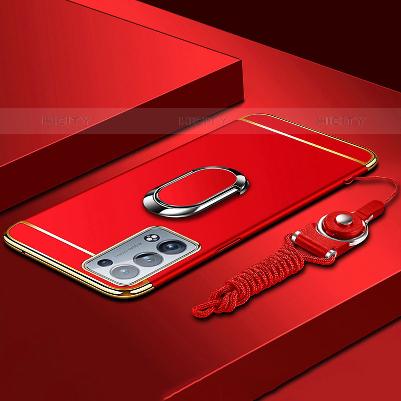 Funda Bumper Lujo Marco de Metal y Plastico Carcasa con Anillo de dedo Soporte para Oppo Reno6 Pro+ Plus 5G Rojo