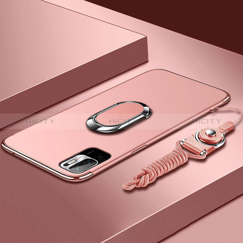 Funda Bumper Lujo Marco de Metal y Plastico Carcasa con Anillo de dedo Soporte para Xiaomi POCO M3 Pro 5G Oro Rosa