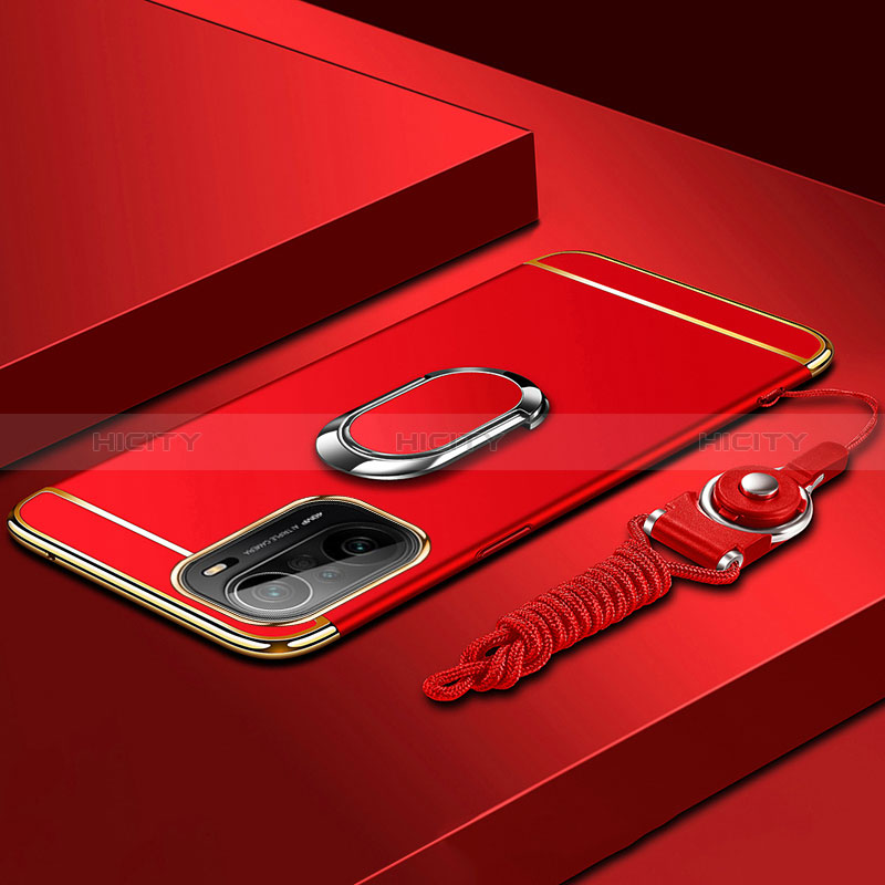 Funda Bumper Lujo Marco de Metal y Plastico Carcasa con Anillo de dedo Soporte para Xiaomi Redmi K40 Pro+ Plus 5G Rojo