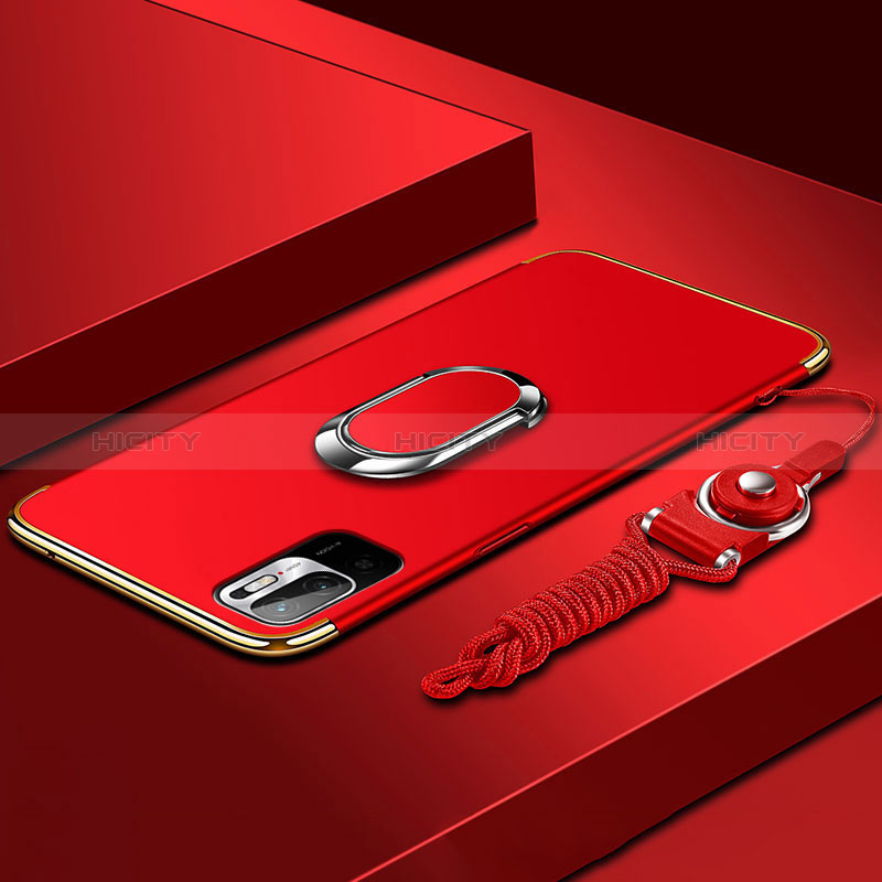 Funda Bumper Lujo Marco de Metal y Plastico Carcasa con Anillo de dedo Soporte para Xiaomi Redmi Note 10 5G Rojo