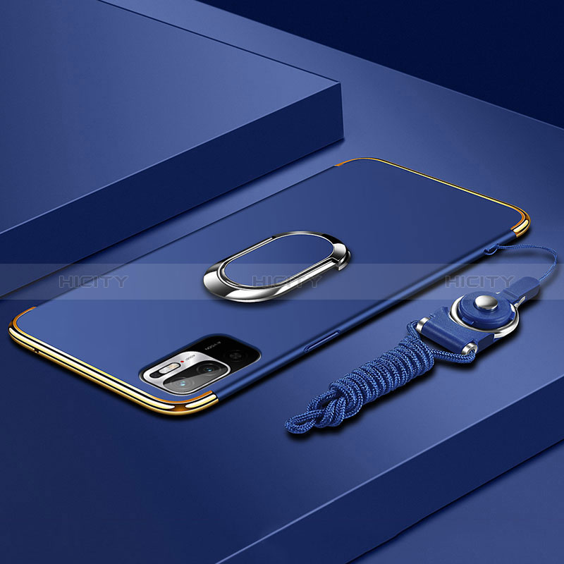 Funda Bumper Lujo Marco de Metal y Plastico Carcasa con Anillo de dedo Soporte para Xiaomi Redmi Note 10T 5G Azul