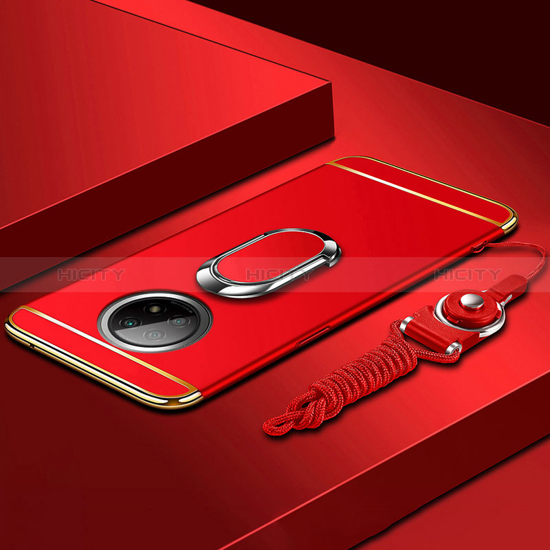 Funda Bumper Lujo Marco de Metal y Plastico Carcasa con Anillo de dedo Soporte para Xiaomi Redmi Note 9 5G Rojo