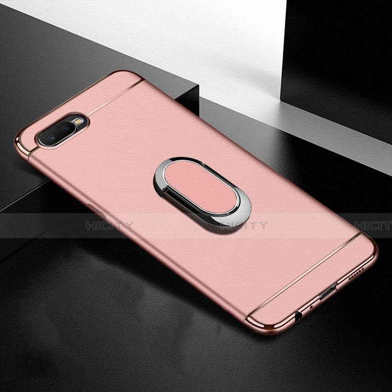 Funda Bumper Lujo Marco de Metal y Plastico Carcasa con Anillo de dedo Soporte T01 para Oppo R17 Neo Oro Rosa