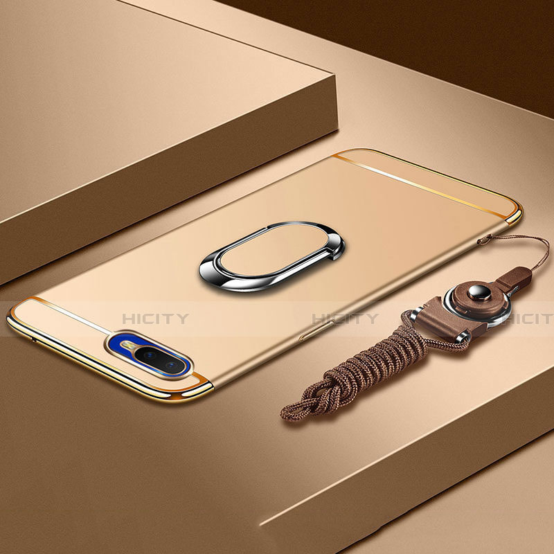 Funda Bumper Lujo Marco de Metal y Plastico Carcasa con Anillo de dedo Soporte T02 para Oppo R17 Neo Oro