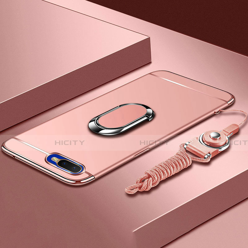 Funda Bumper Lujo Marco de Metal y Plastico Carcasa con Anillo de dedo Soporte T02 para Oppo R17 Neo Oro Rosa