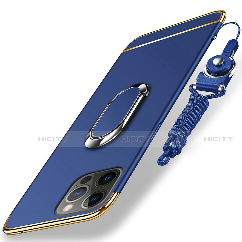 Funda Bumper Lujo Marco de Metal y Plastico Carcasa con Anillo de dedo Soporte y Lanyard para Apple iPhone 13 Pro Max