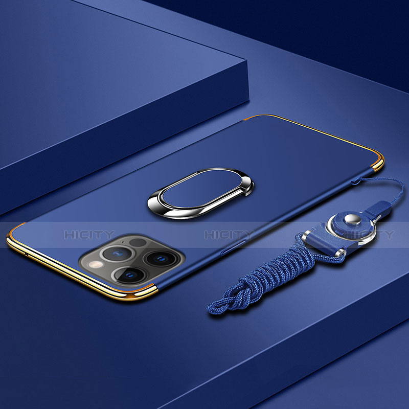 Funda Bumper Lujo Marco de Metal y Plastico Carcasa con Anillo de dedo Soporte y Lanyard para Apple iPhone 14 Pro Max Azul