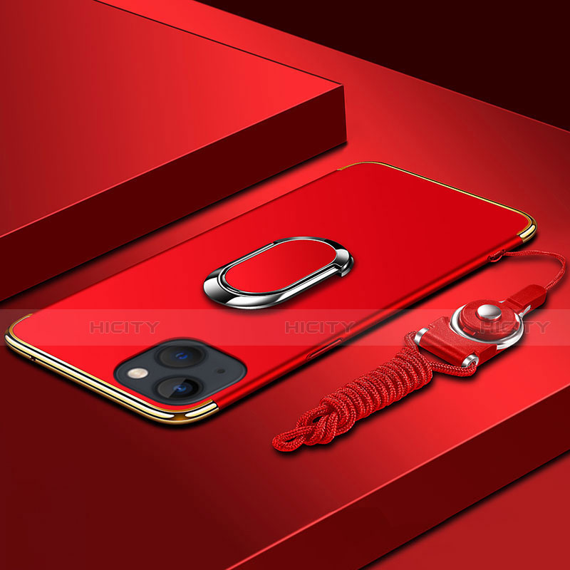 Funda Bumper Lujo Marco de Metal y Plastico Carcasa con Anillo de dedo Soporte y Lanyard para Apple iPhone 14 Rojo