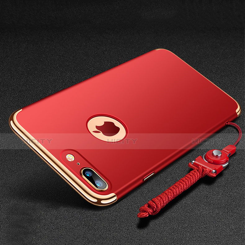 Funda Bumper Lujo Marco de Metal y Plastico Carcasa con Anillo de dedo Soporte y Lanyard para Apple iPhone 7 Plus Rojo