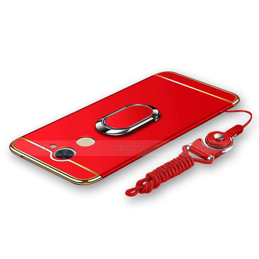 Funda Bumper Lujo Marco de Metal y Plastico Carcasa con Anillo de dedo Soporte y Lanyard para Huawei Enjoy 7 Plus Rojo