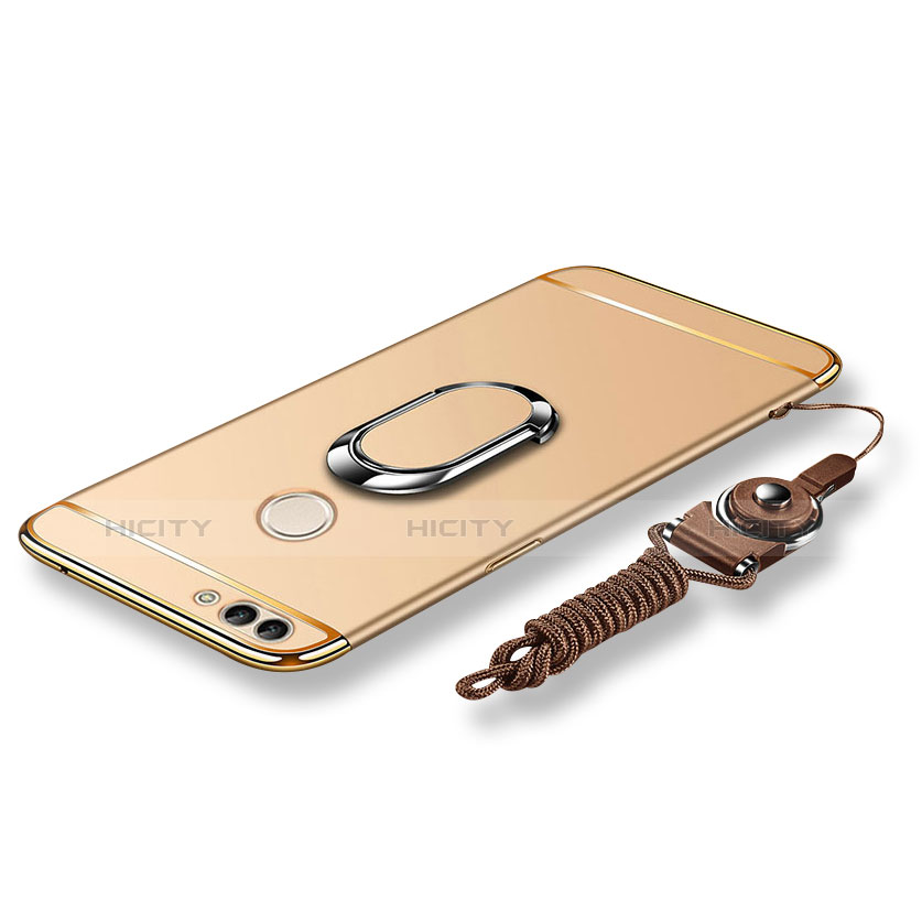 Funda Bumper Lujo Marco de Metal y Plastico Carcasa con Anillo de dedo Soporte y Lanyard para Huawei Enjoy 7S Oro