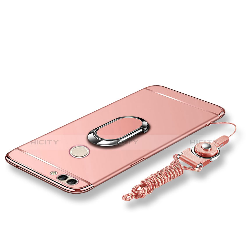 Funda Bumper Lujo Marco de Metal y Plastico Carcasa con Anillo de dedo Soporte y Lanyard para Huawei Enjoy 7S Oro Rosa