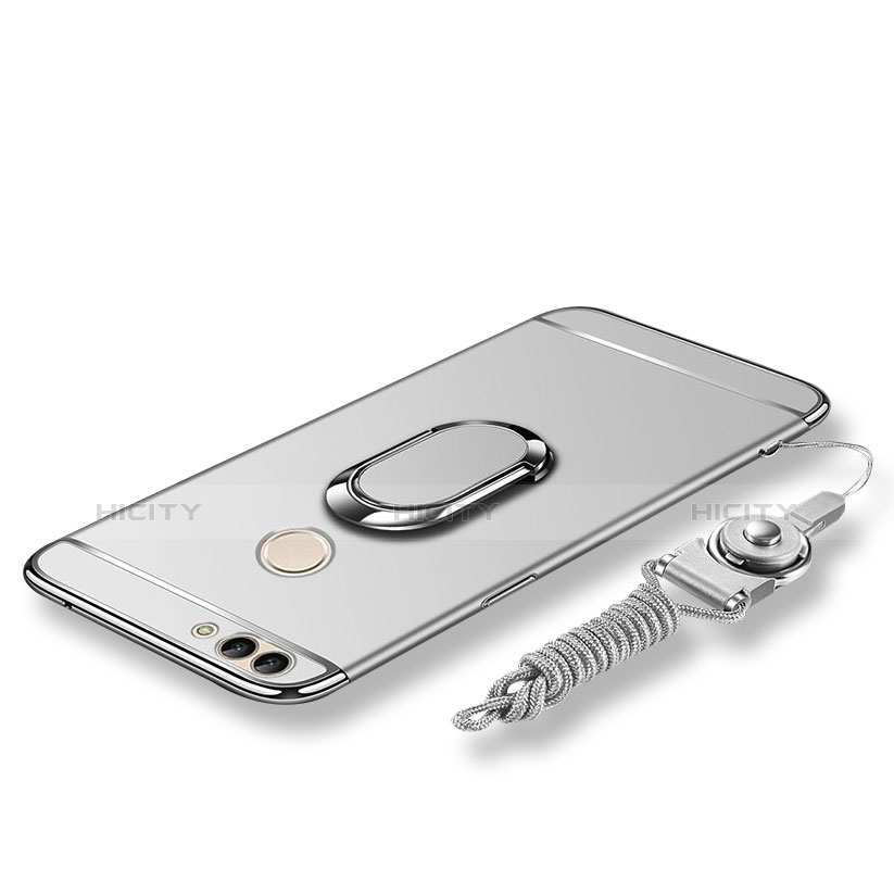 Funda Bumper Lujo Marco de Metal y Plastico Carcasa con Anillo de dedo Soporte y Lanyard para Huawei Enjoy 7S Plata