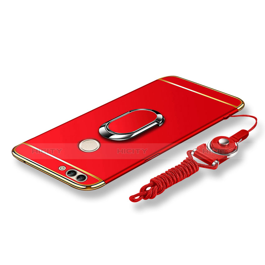 Funda Bumper Lujo Marco de Metal y Plastico Carcasa con Anillo de dedo Soporte y Lanyard para Huawei Enjoy 7S Rojo