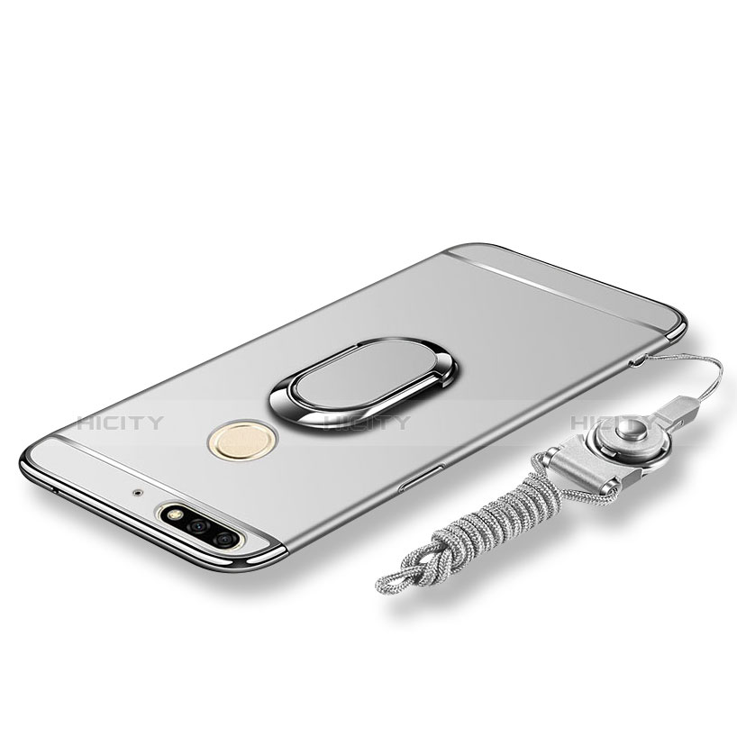 Funda Bumper Lujo Marco de Metal y Plastico Carcasa con Anillo de dedo Soporte y Lanyard para Huawei Enjoy 8 Plata