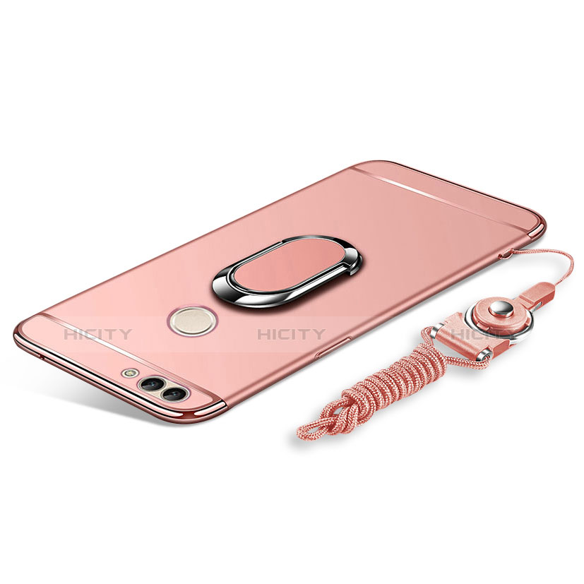 Funda Bumper Lujo Marco de Metal y Plastico Carcasa con Anillo de dedo Soporte y Lanyard para Huawei Enjoy 8 Plus Oro Rosa