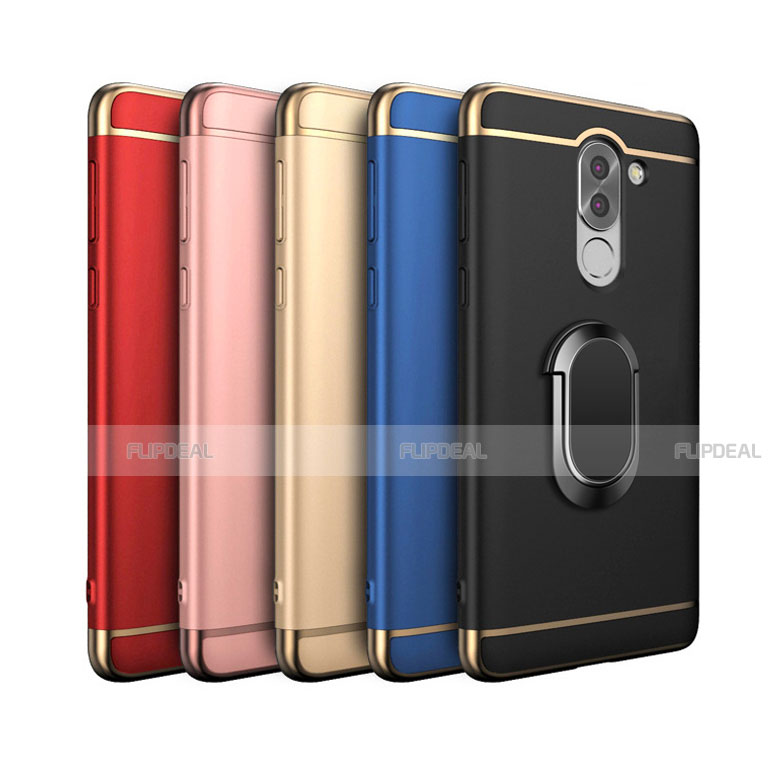 Funda Bumper Lujo Marco de Metal y Plastico Carcasa con Anillo de dedo Soporte y Lanyard para Huawei GR5 (2017)