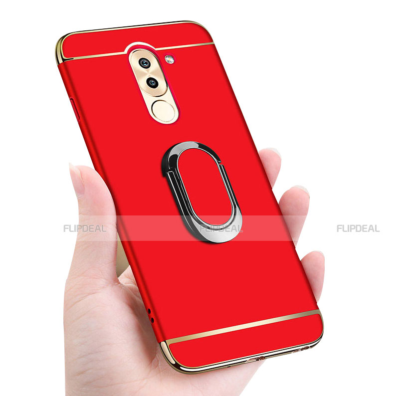 Funda Bumper Lujo Marco de Metal y Plastico Carcasa con Anillo de dedo Soporte y Lanyard para Huawei GR5 (2017)