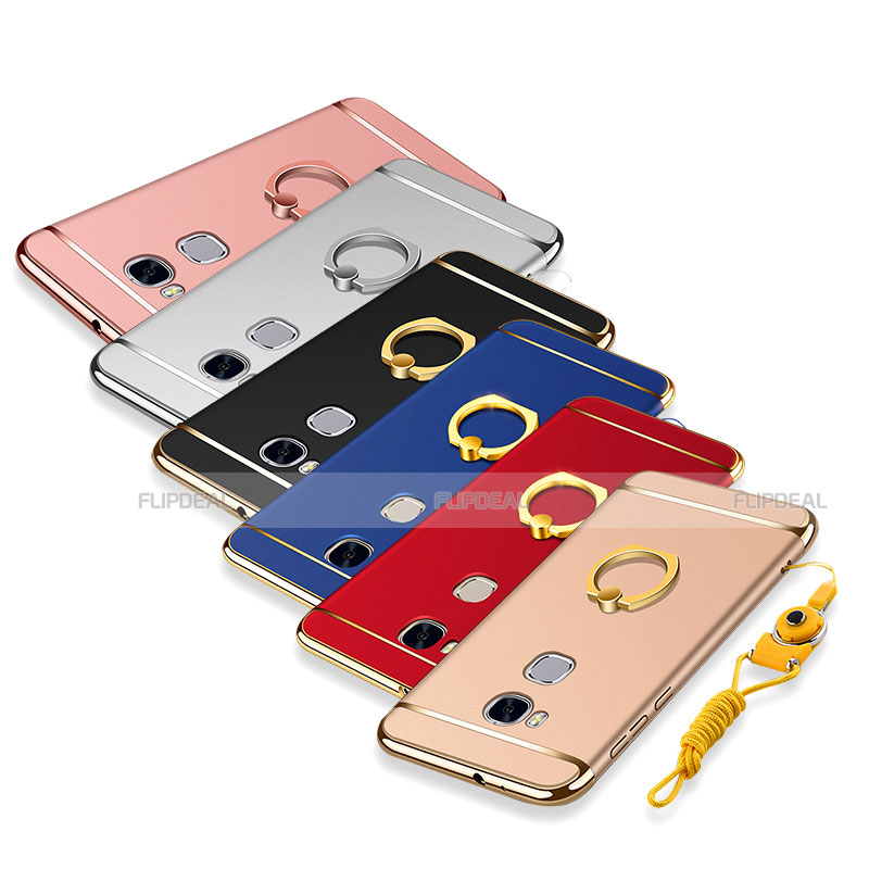 Funda Bumper Lujo Marco de Metal y Plastico Carcasa con Anillo de dedo Soporte y Lanyard para Huawei GR5