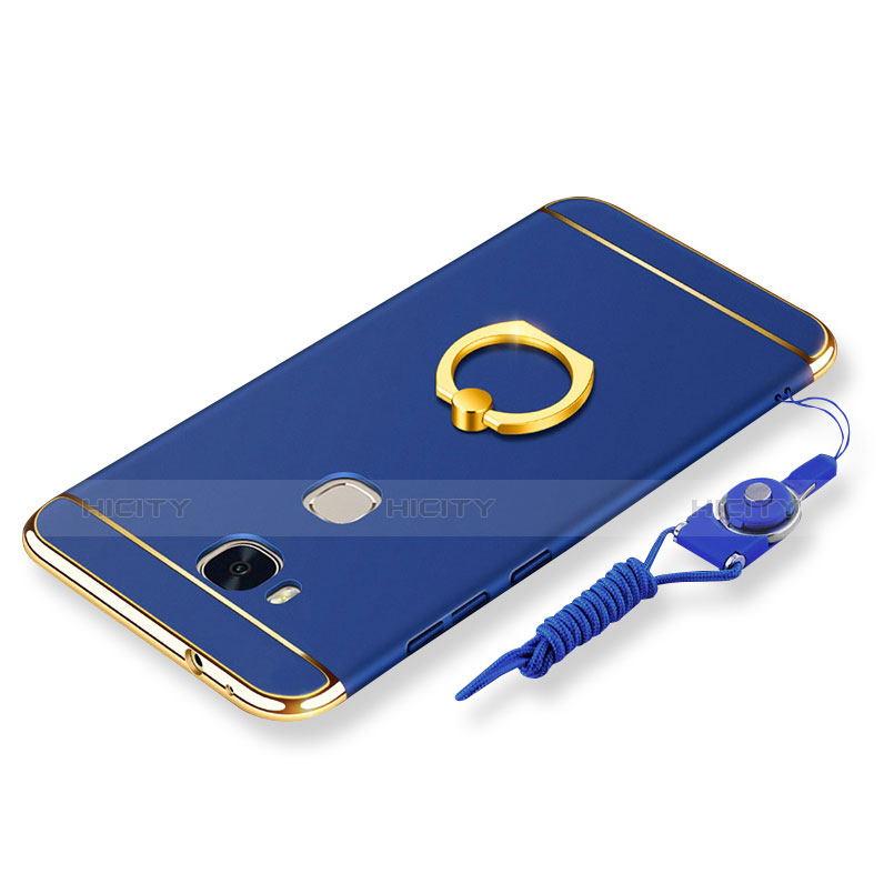 Funda Bumper Lujo Marco de Metal y Plastico Carcasa con Anillo de dedo Soporte y Lanyard para Huawei GR5 Azul