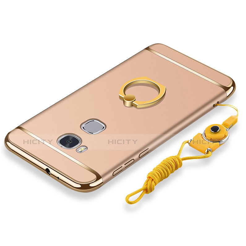 Funda Bumper Lujo Marco de Metal y Plastico Carcasa con Anillo de dedo Soporte y Lanyard para Huawei GR5 Oro