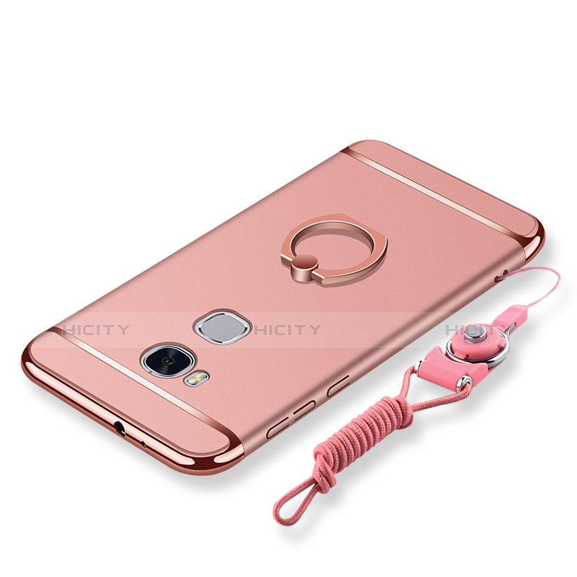 Funda Bumper Lujo Marco de Metal y Plastico Carcasa con Anillo de dedo Soporte y Lanyard para Huawei GR5 Oro Rosa