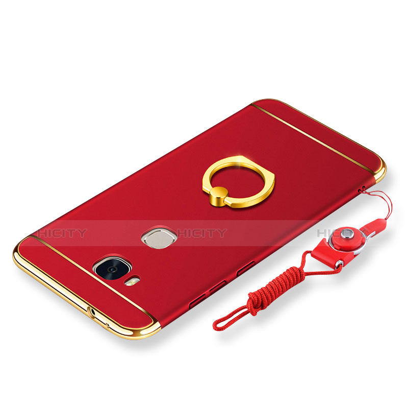 Funda Bumper Lujo Marco de Metal y Plastico Carcasa con Anillo de dedo Soporte y Lanyard para Huawei Honor 5X Rojo