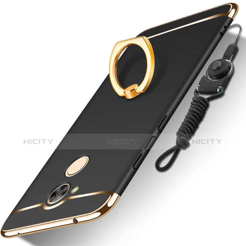 Funda Bumper Lujo Marco de Metal y Plastico Carcasa con Anillo de dedo Soporte y Lanyard para Huawei Honor 6A Negro