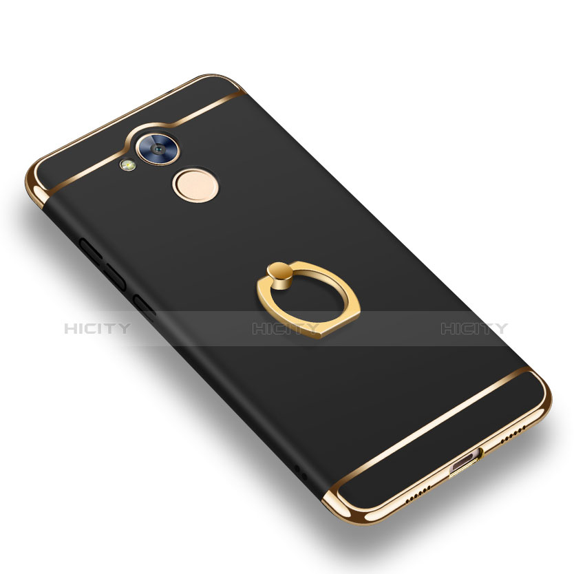 Funda Bumper Lujo Marco de Metal y Plastico Carcasa con Anillo de dedo Soporte y Lanyard para Huawei Honor 6A Negro