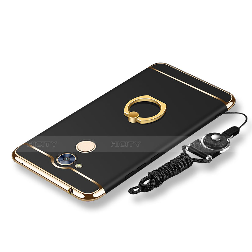 Funda Bumper Lujo Marco de Metal y Plastico Carcasa con Anillo de dedo Soporte y Lanyard para Huawei Honor 6A Negro