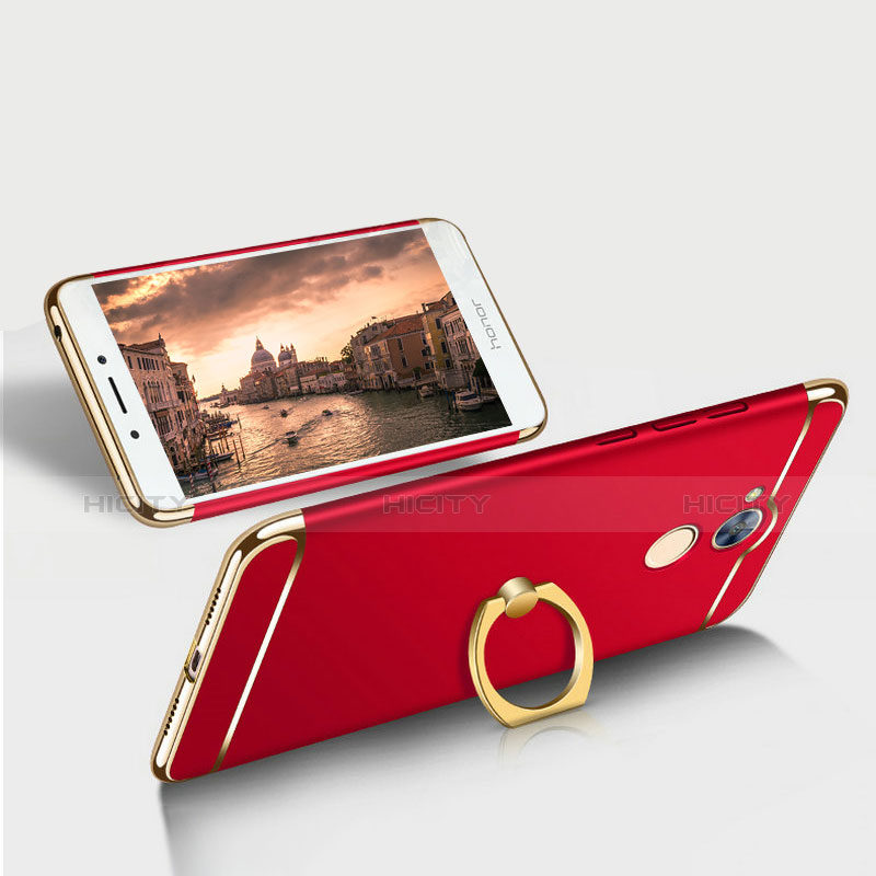 Funda Bumper Lujo Marco de Metal y Plastico Carcasa con Anillo de dedo Soporte y Lanyard para Huawei Honor 6A Rojo