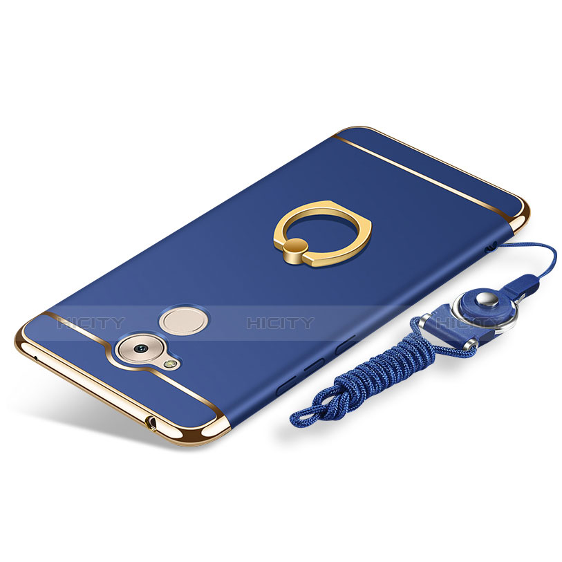 Funda Bumper Lujo Marco de Metal y Plastico Carcasa con Anillo de dedo Soporte y Lanyard para Huawei Honor 6C Azul