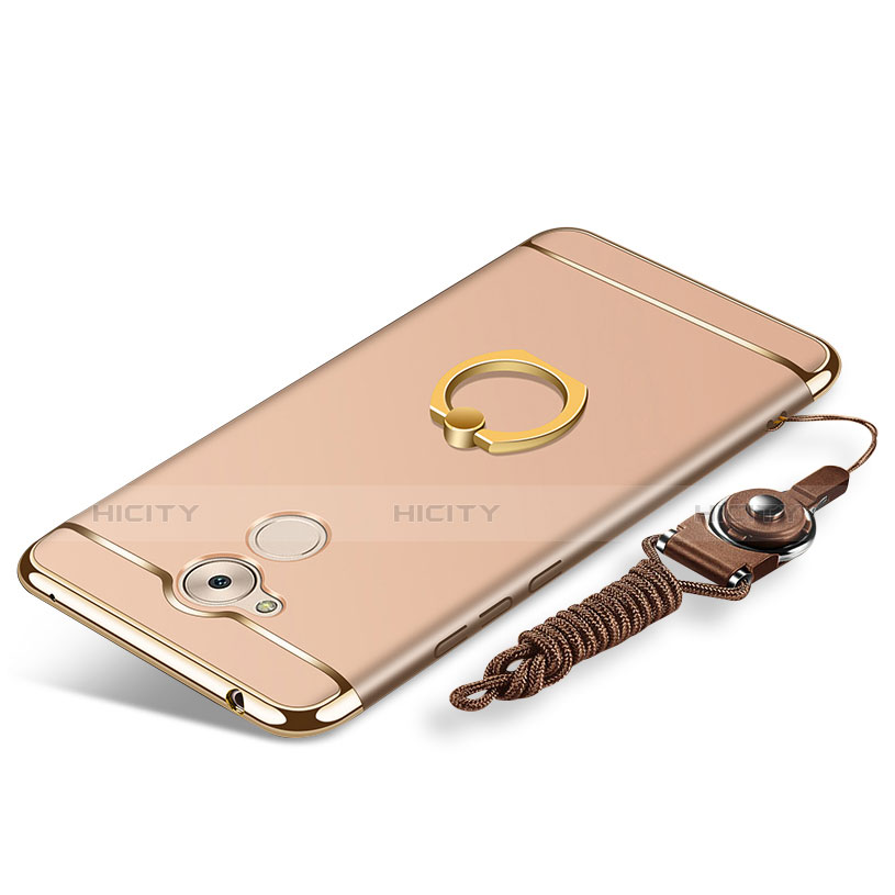 Funda Bumper Lujo Marco de Metal y Plastico Carcasa con Anillo de dedo Soporte y Lanyard para Huawei Honor 6C Oro