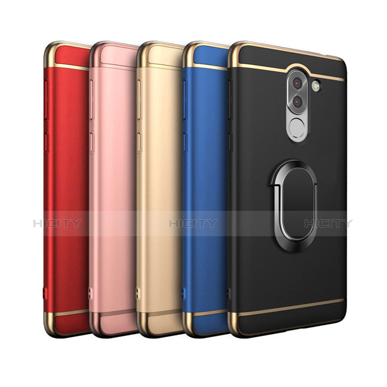 Funda Bumper Lujo Marco de Metal y Plastico Carcasa con Anillo de dedo Soporte y Lanyard para Huawei Honor 6X