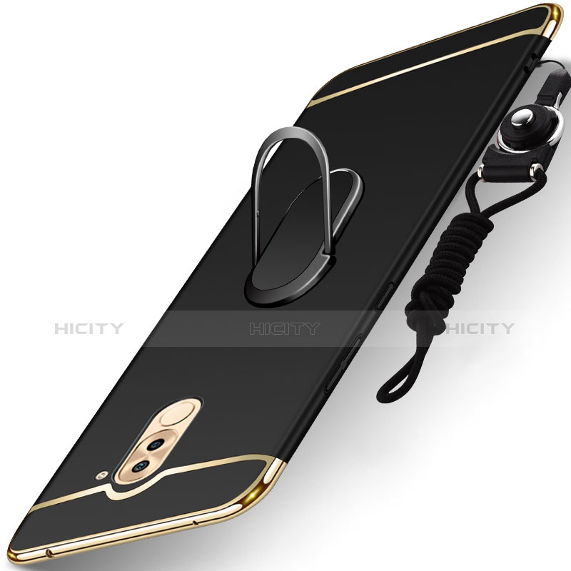 Funda Bumper Lujo Marco de Metal y Plastico Carcasa con Anillo de dedo Soporte y Lanyard para Huawei Honor 6X