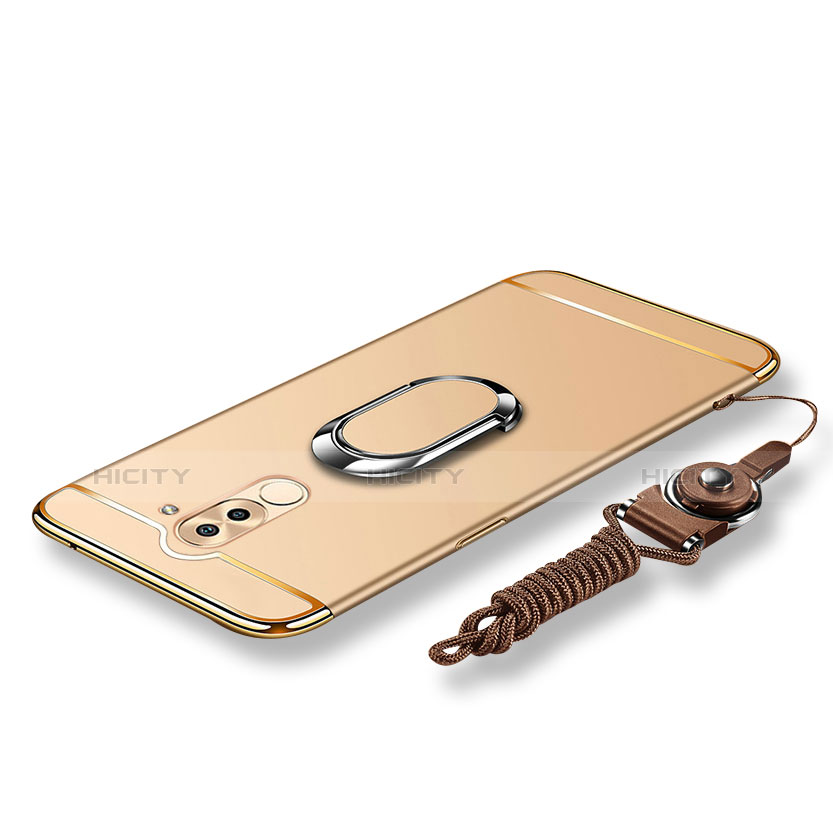 Funda Bumper Lujo Marco de Metal y Plastico Carcasa con Anillo de dedo Soporte y Lanyard para Huawei Honor 6X Oro