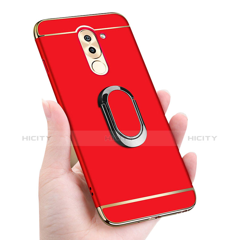 Funda Bumper Lujo Marco de Metal y Plastico Carcasa con Anillo de dedo Soporte y Lanyard para Huawei Honor 6X Pro