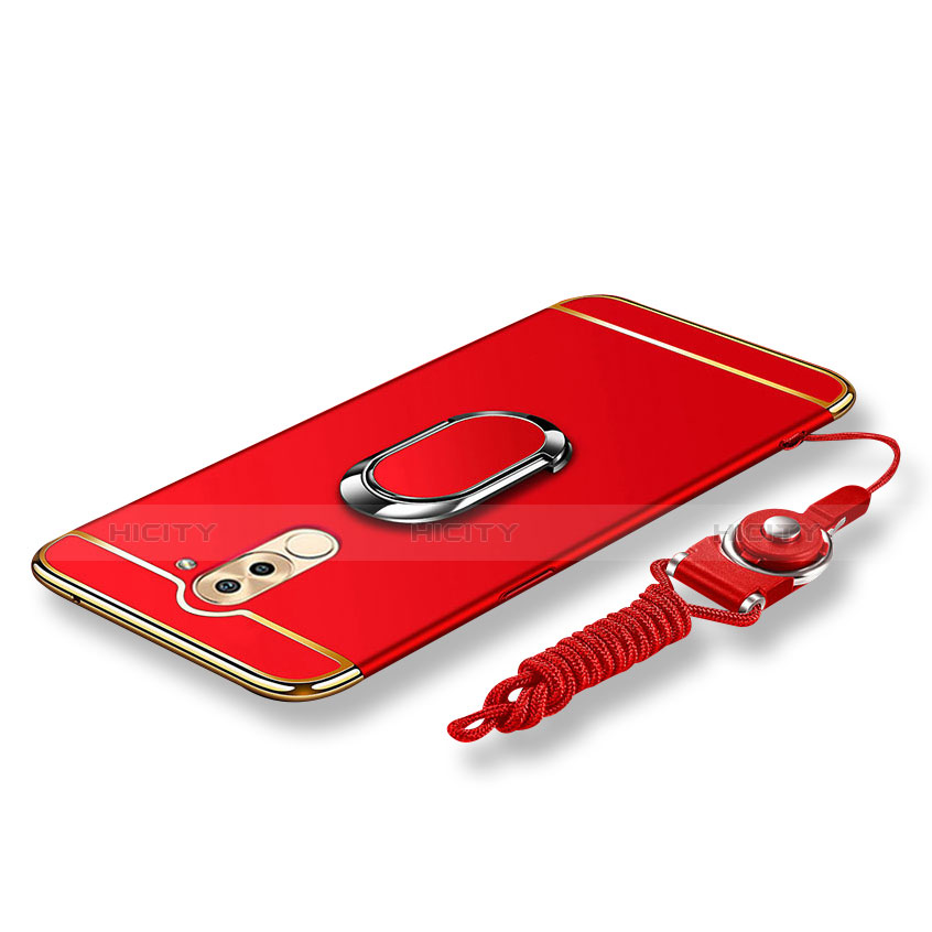 Funda Bumper Lujo Marco de Metal y Plastico Carcasa con Anillo de dedo Soporte y Lanyard para Huawei Honor 6X Rojo