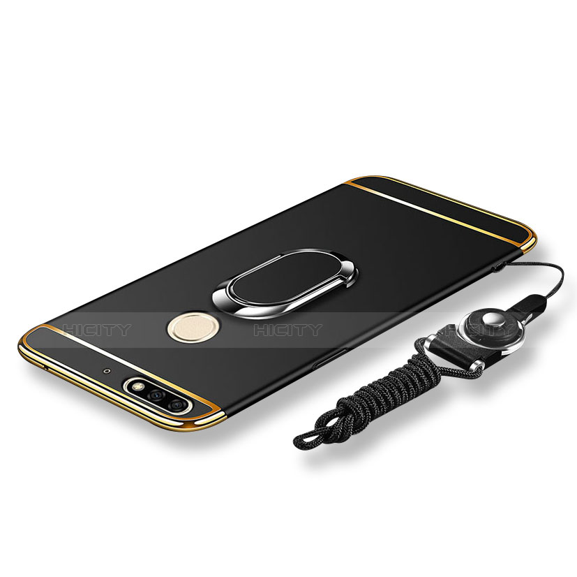 Funda Bumper Lujo Marco de Metal y Plastico Carcasa con Anillo de dedo Soporte y Lanyard para Huawei Honor 7C Negro