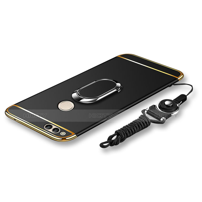 Funda Bumper Lujo Marco de Metal y Plastico Carcasa con Anillo de dedo Soporte y Lanyard para Huawei Honor 7X Negro