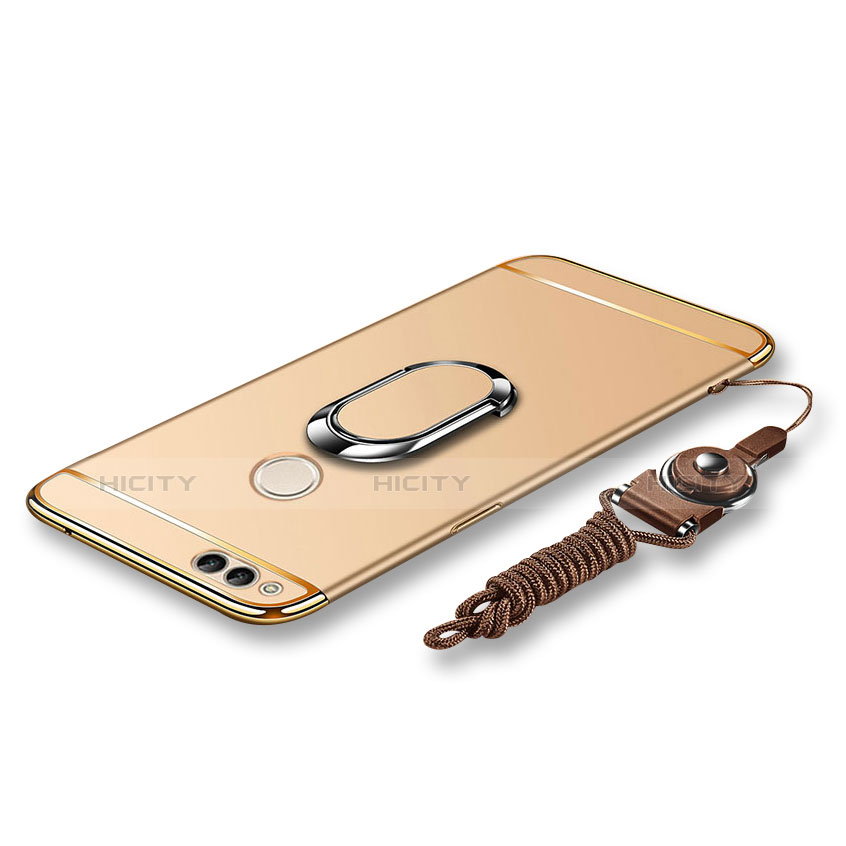 Funda Bumper Lujo Marco de Metal y Plastico Carcasa con Anillo de dedo Soporte y Lanyard para Huawei Honor 7X Oro