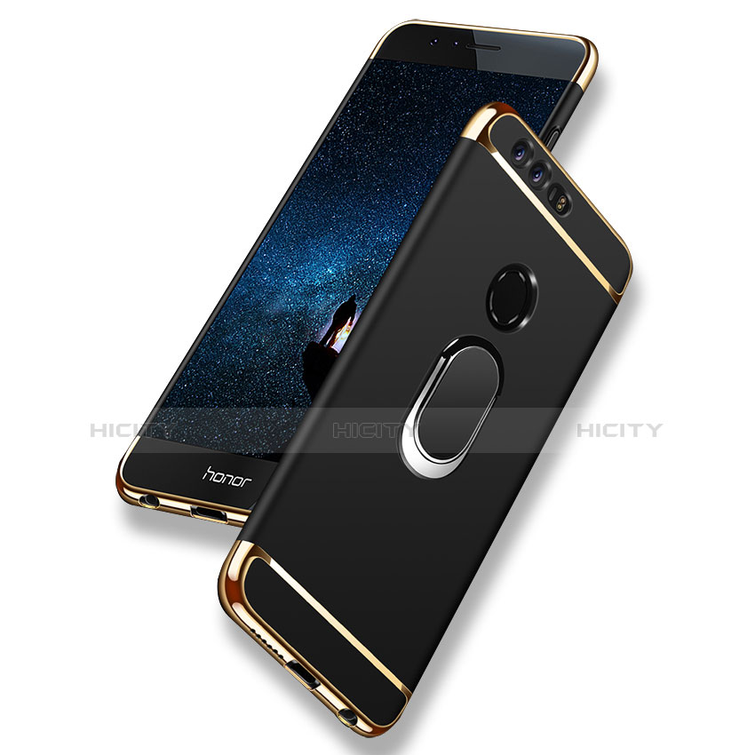 Funda Bumper Lujo Marco de Metal y Plastico Carcasa con Anillo de dedo Soporte y Lanyard para Huawei Honor 8