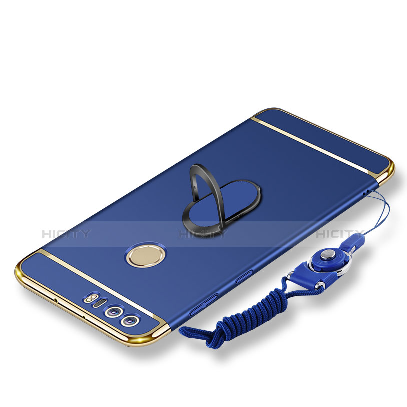 Funda Bumper Lujo Marco de Metal y Plastico Carcasa con Anillo de dedo Soporte y Lanyard para Huawei Honor 8 Azul