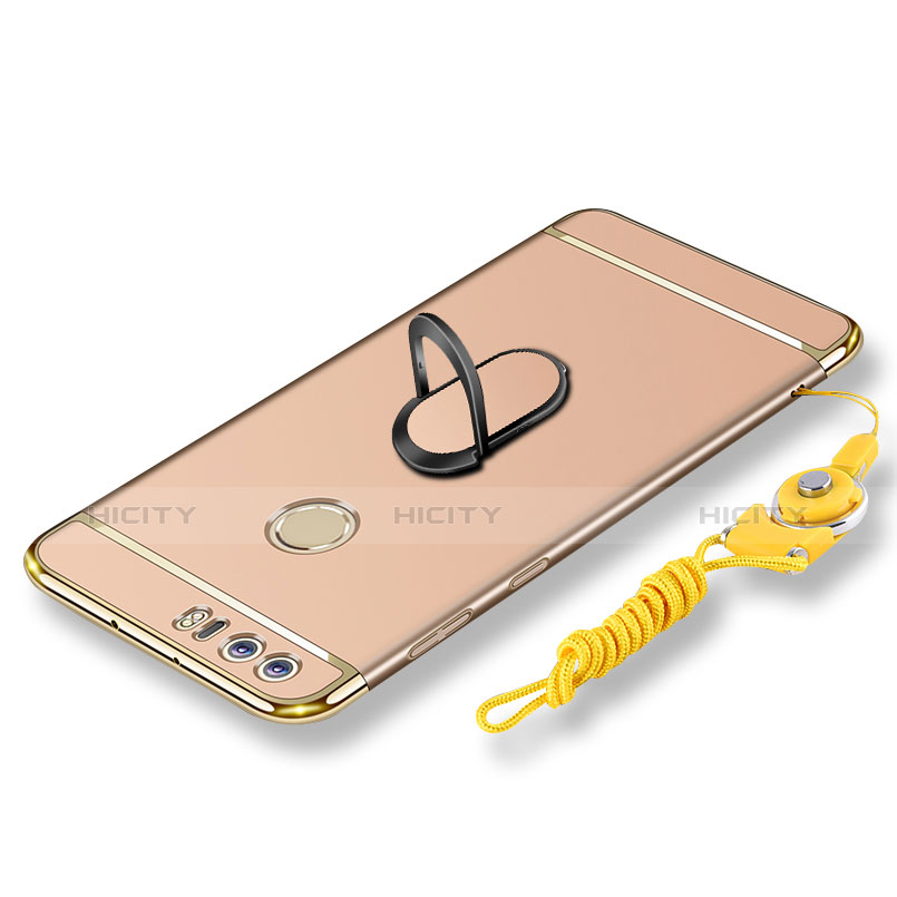 Funda Bumper Lujo Marco de Metal y Plastico Carcasa con Anillo de dedo Soporte y Lanyard para Huawei Honor 8 Oro