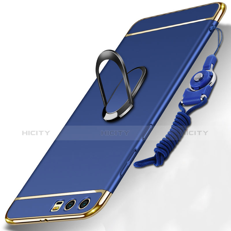 Funda Bumper Lujo Marco de Metal y Plastico Carcasa con Anillo de dedo Soporte y Lanyard para Huawei Honor 9 Azul