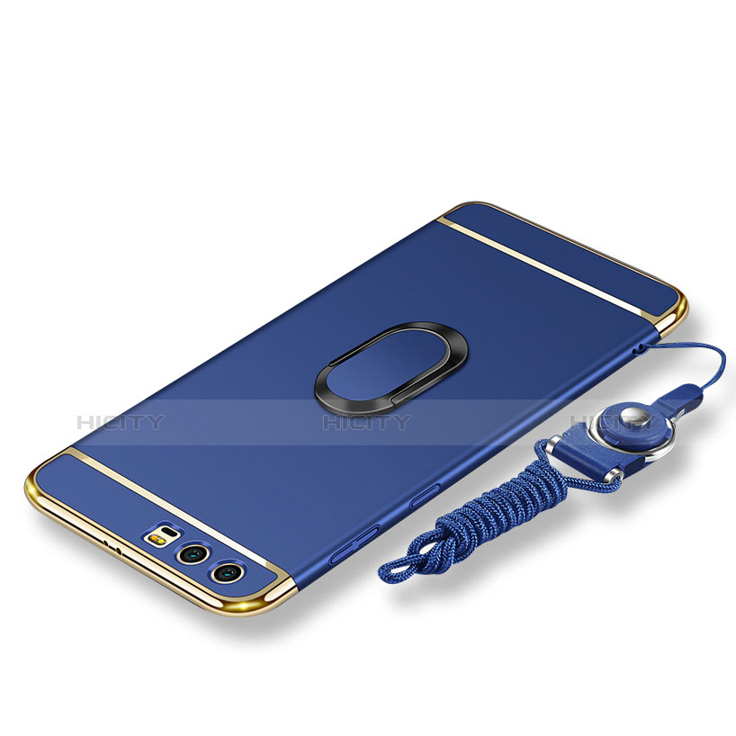 Funda Bumper Lujo Marco de Metal y Plastico Carcasa con Anillo de dedo Soporte y Lanyard para Huawei Honor 9 Azul