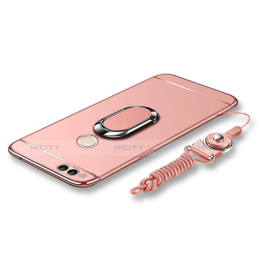 Funda Bumper Lujo Marco de Metal y Plastico Carcasa con Anillo de dedo Soporte y Lanyard para Huawei Honor Play 7X Oro Rosa