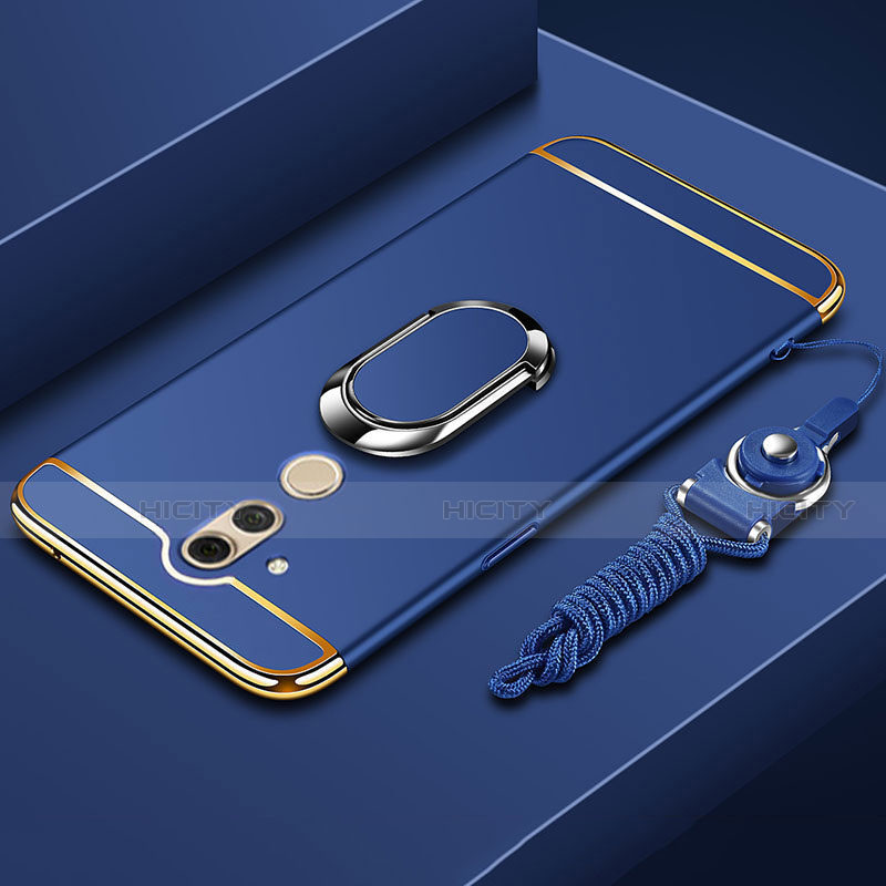 Funda Bumper Lujo Marco de Metal y Plastico Carcasa con Anillo de dedo Soporte y Lanyard para Huawei Mate 20 Lite Azul